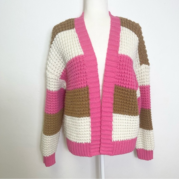 Uncharted Threads Open Front Striped Cropped Cardigan Chunky Knit Sweater Size M - Picture 10 of 10